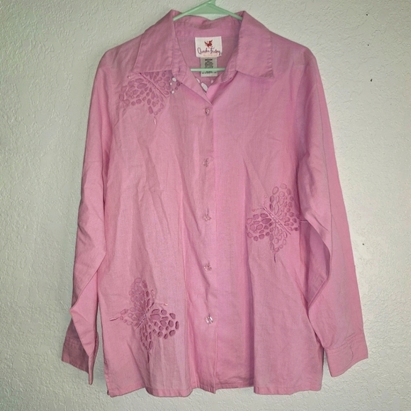 Quacker Factory Tops - Quacker Factory Medium Linen Cotton Butterfly Cutout Sequin Long Sleeve Top